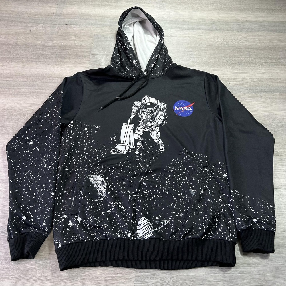 NASA Hoodie Mens Large Black Astronaut Vacuum Space Galaxy Graphic Sweatshirt